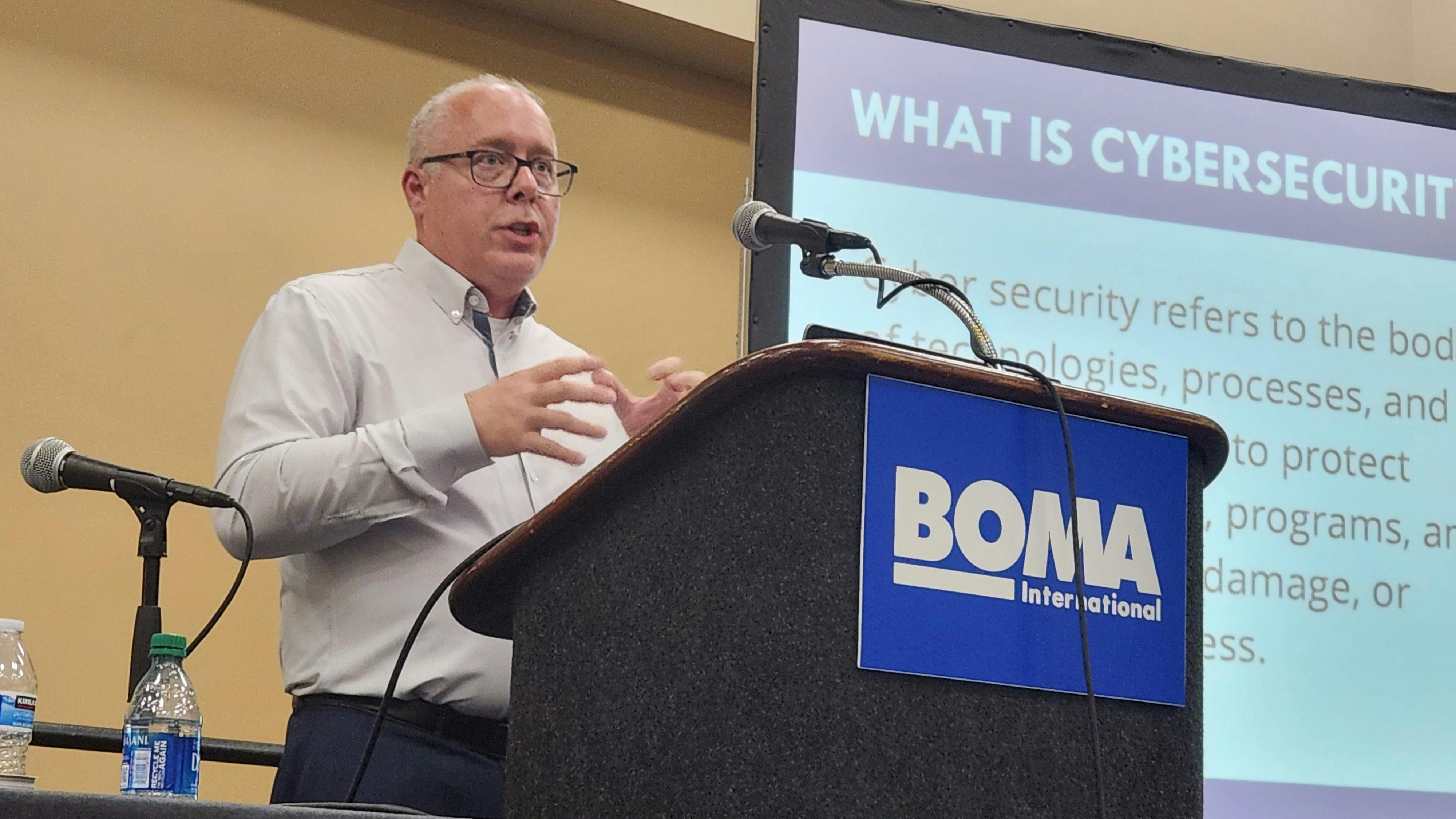AJ Gyomber, founder and CEO of Technology Visionaries and a 27-year IT professional, speaks at the 2024 BOMA International Conference & Expo.