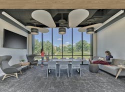 The top floor of Fahy Commons features a student lounge with custom-fabricated furniture created from site-salvaged wood. The lounge overlooks Muhlenberg College’s main campus. The top floor of Fahy Commons features a student lounge with custom-fabricated furniture created from site-salvaged wood. The lounge overlooks Muhlenberg College’s main campus.