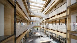 The use of mass timber—shown here in a rendering—could reduce the embodied carbon of projects by up to 40%. The use of mass timber—shown here in a rendering—could reduce the embodied carbon of projects by up to 40%.