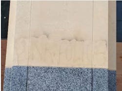 Graffiti removal is incomplete in this image of the Ronald V. Dellums Federal Building in Oakland, California. Graffiti removal is incomplete in this image of the Ronald V. Dellums Federal Building in Oakland, California.