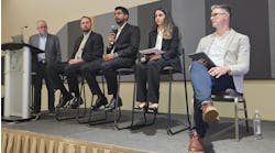 The AI panel at World Workplace, from left: moderator Dean Stanberry, past chair of the IFMA Global Board of Directors; Dr. Jake Smithwick, associate professor at the University of North Carolina at Charlotte; Dr. Dipin Kasana, director of business analytics for JLL; Dr. Mahnaz Ensafi, application manager for Planon; and Dr. Matt Tucker, IFMA’s director of research. The AI panel at World Workplace, from left: moderator Dean Stanberry, past chair of the IFMA Global Board of Directors; Dr. Jake Smithwick, associate professor at the University of North Carolina at Charlotte; Dr. Dipin Kasana, director of business analytics for JLL; Dr. Mahnaz Ensafi, application manager for Planon; and Dr. Matt Tucker, IFMA’s director of research.