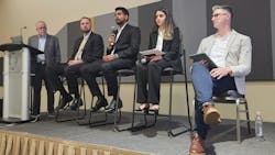 The AI panel at World Workplace, from left: moderator Dean Stanberry, past chair of the IFMA Global Board of Directors; Dr. Jake Smithwick, associate professor at the University of North Carolina at Charlotte; Dr. Dipin Kasana, director of business analytics for JLL; Dr. Mahnaz Ensafi, application manager for Planon; and Dr. Matt Tucker, IFMA’s director of research. The AI panel at World Workplace, from left: moderator Dean Stanberry, past chair of the IFMA Global Board of Directors; Dr. Jake Smithwick, associate professor at the University of North Carolina at Charlotte; Dr. Dipin Kasana, director of business analytics for JLL; Dr. Mahnaz Ensafi, application manager for Planon; and Dr. Matt Tucker, IFMA’s director of research.