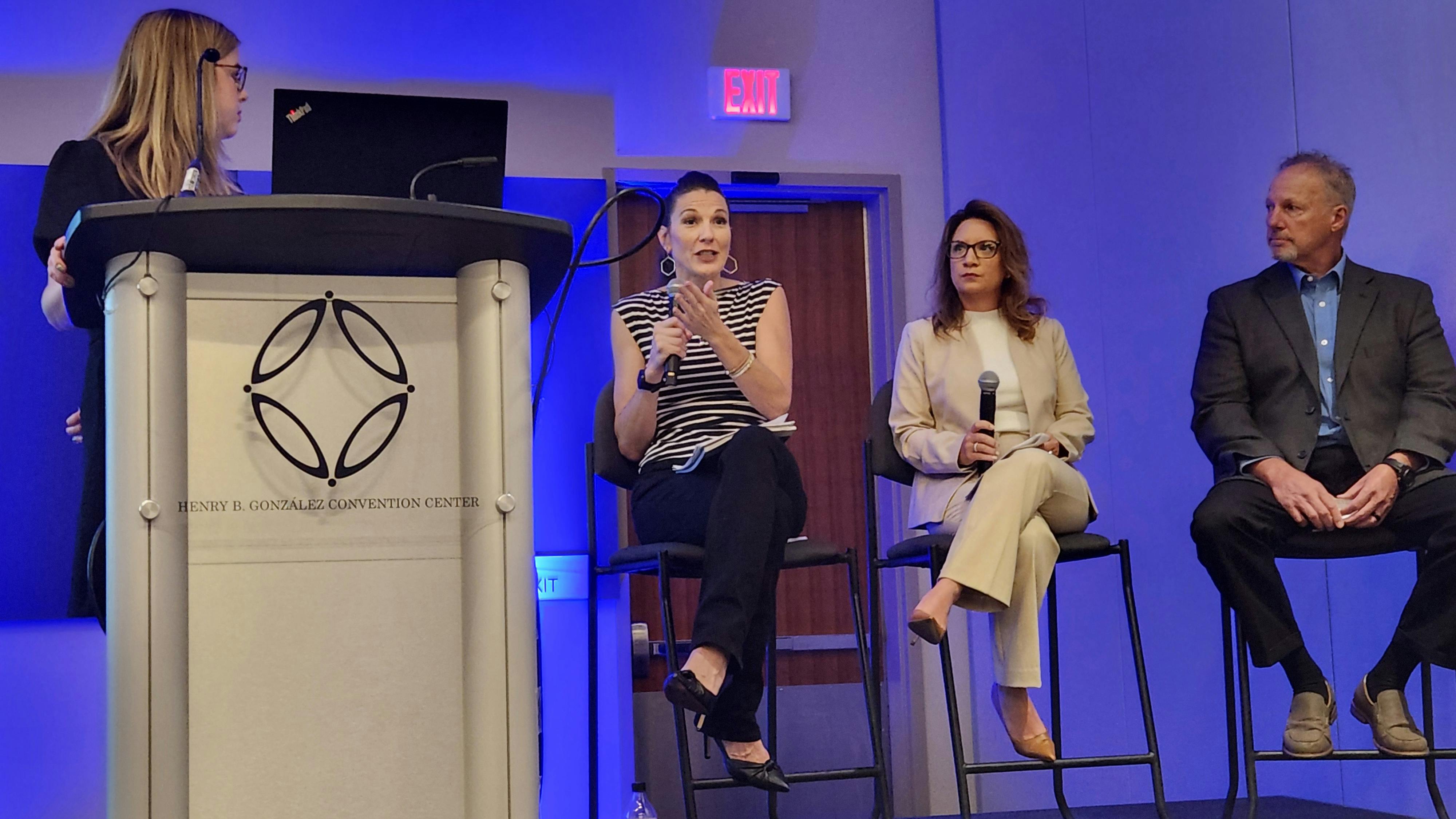 This panel shared data management best practices at the 2024 IFMA World Workplace Conference & Expo. From left: moderator Danielle Lanciano, director of proposal development for ESFM; Alisia Davis, director of client engagement, technology, for ESFM; Melissa Grimes, regional vice president for ESFM; and John Remsden, vice president of technical services and energy solutions for ESFM.