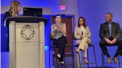 This panel shared data management best practices at the 2024 IFMA World Workplace Conference & Expo. From left: moderator Danielle Lanciano, director of proposal development for ESFM; Alisia Davis, director of client engagement, technology, for ESFM; Melissa Grimes, regional vice president for ESFM; and John Remsden, vice president of technical services and energy solutions for ESFM. This panel shared data management best practices at the 2024 IFMA World Workplace Conference & Expo. From left: moderator Danielle Lanciano, director of proposal development for ESFM; Alisia Davis, director of client engagement, technology, for ESFM; Melissa Grimes, regional vice president for ESFM; and John Remsden, vice president of technical services and energy solutions for ESFM.