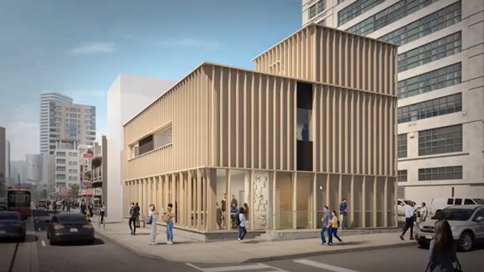 Screen shot of YouTube video showing exterior rendering of innovation lab at Toronto Metropolitan University.