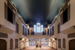 Lobby of Ramova theater with stained glass window on second floor. Lobby of Ramova theater with stained glass window on second floor.