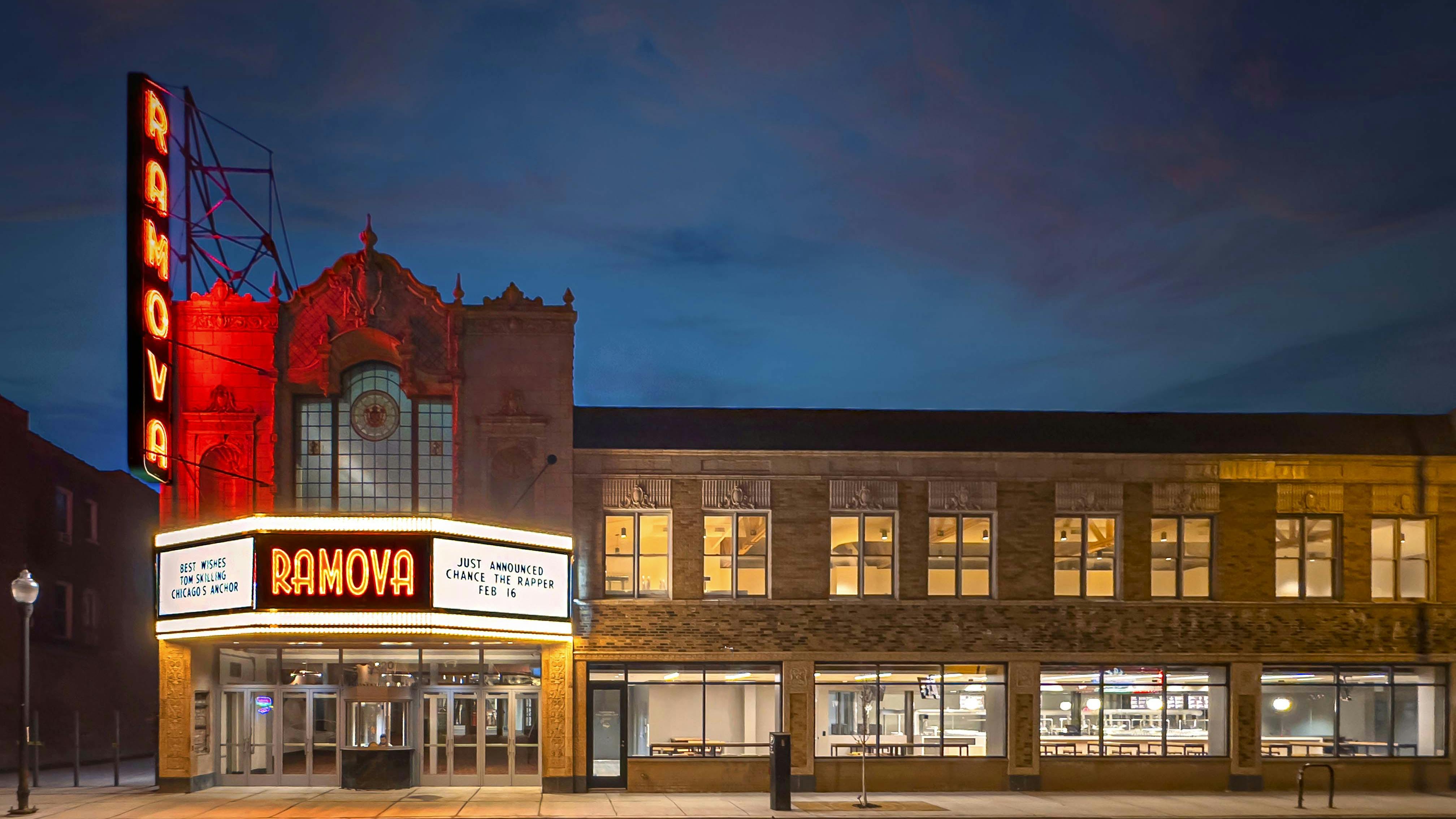 Exterior of the renovated Ramova Theatre in Chicago at night.