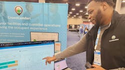 Chewy Iwuh demonstrates CrowdComfort’s software solution. Chewy Iwuh demonstrates CrowdComfort’s software solution.