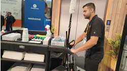 Dylan Brooks, key account manager with Rubbermaid Commercial Products, demonstrates the company’s updated housekeeping cart. Dylan Brooks, key account manager with Rubbermaid Commercial Products, demonstrates the company’s updated housekeeping cart.