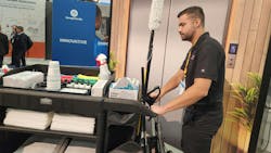 Dylan Brooks, key account manager with Rubbermaid Commercial Products, demonstrates the company’s updated housekeeping cart. Dylan Brooks, key account manager with Rubbermaid Commercial Products, demonstrates the company’s updated housekeeping cart.