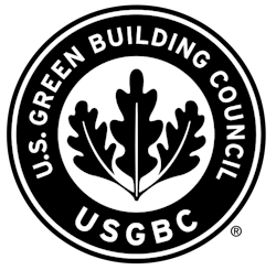 Black and white, circular logo for the U.S. Green Building Council with three-pronged leaf in the center Black and white, circular logo for the U.S. Green Building Council with three-pronged leaf in the center