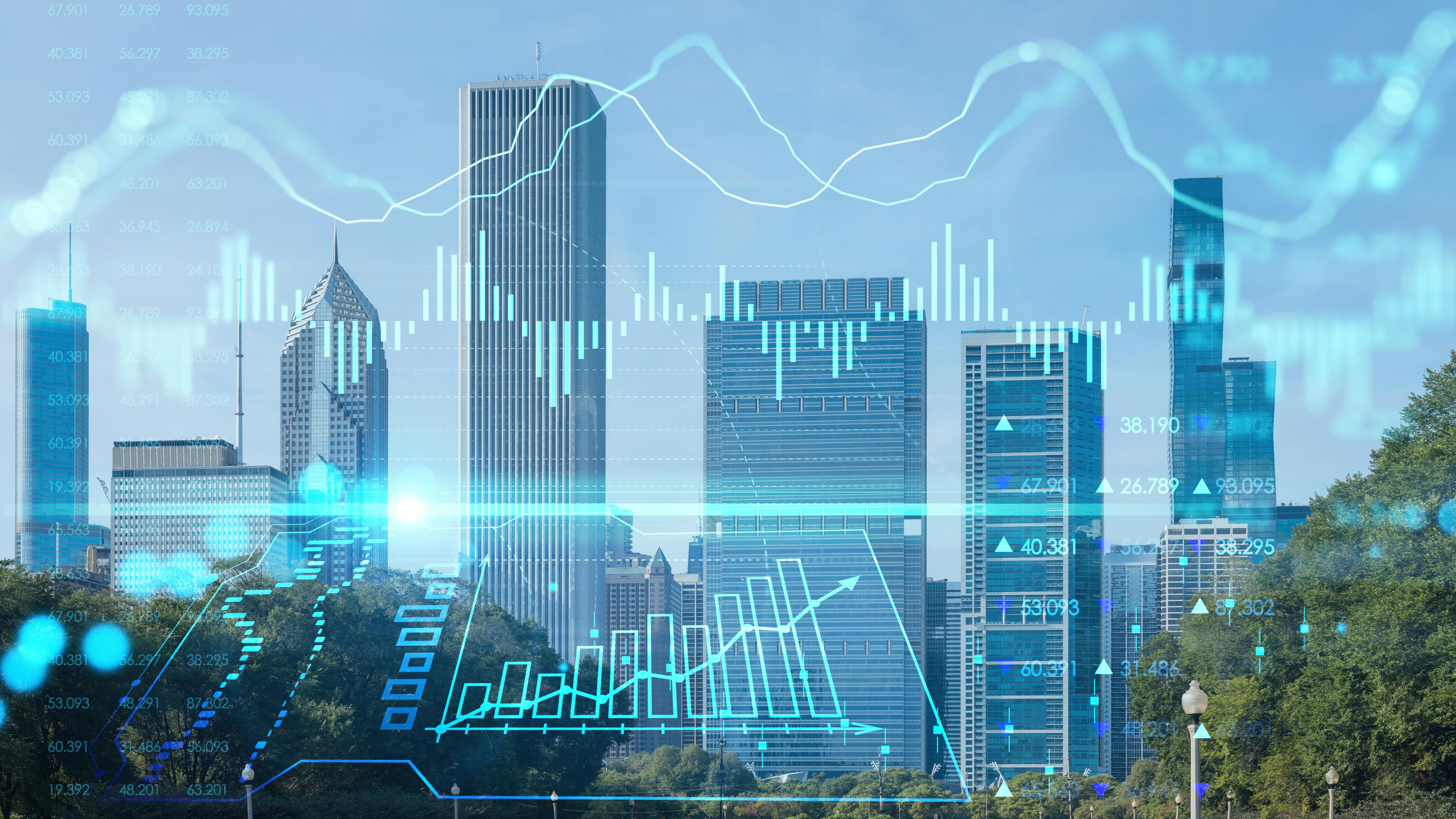 Chicago skyline at Butler Field overlaid with charts and line graphs to represent building data.
