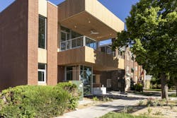 The exterior of the Climate Innovation Center in Salt Lake City, Utah, is made from brick and faux wood cladding. The exterior of the Climate Innovation Center in Salt Lake City, Utah, is made from brick and faux wood cladding.