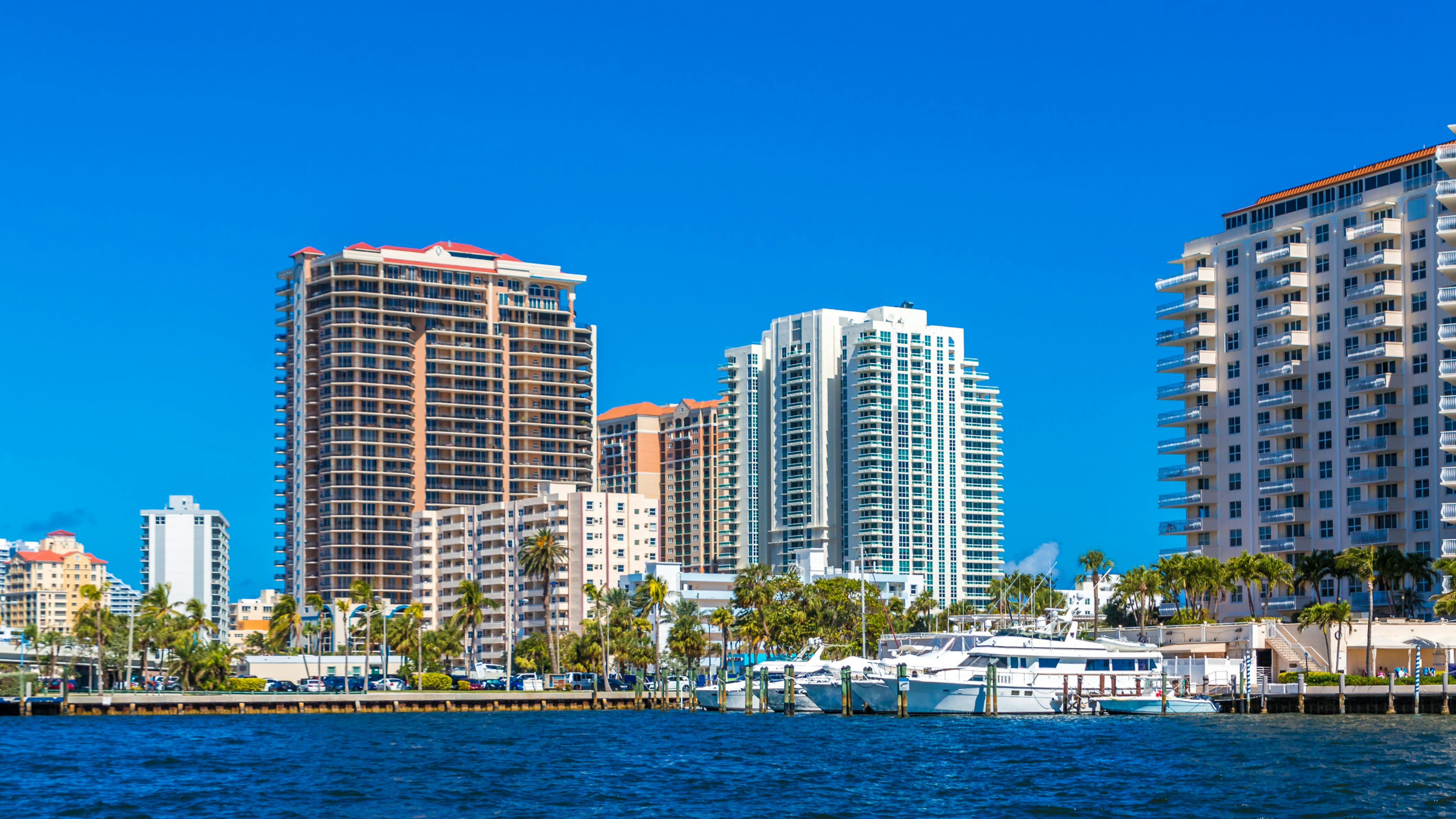 A private yacht marina at a condo building on the Intracoastal Waterway in Fort Lauderdale, Florida.