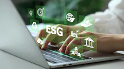 Open laptop with hands typing, overlaid with environmentally-inspired icons surrounding ESG icon.