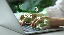 Open laptop with hands typing, overlaid with environmentally-inspired icons surrounding ESG icon. Open laptop with hands typing, overlaid with environmentally-inspired icons surrounding ESG icon.