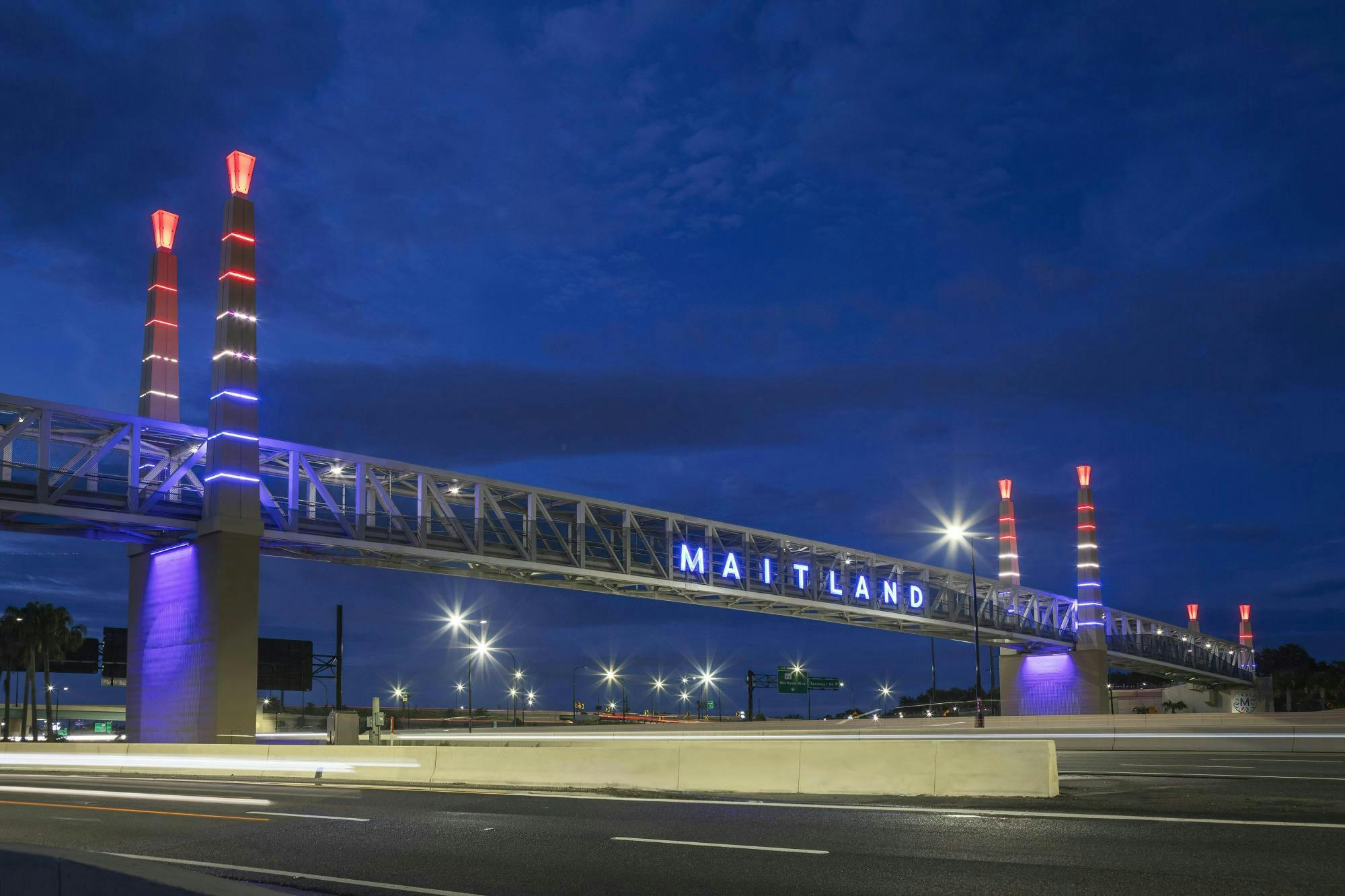 Pedestrian bridge connects high-use sidewalks across Florida Interstate 4 at Maitland Boulevard.