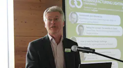 Recolight CEO Nigel Harvey notes that “as we move towards a circular economy model, recycling is not always the best solution” and that reuse can “ensure the retention of more embedded carbon.” He’s pictured here at Recolight’s Remanufacturing Lighting Conference in London last April.
