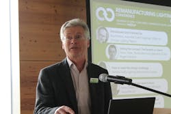 Recolight CEO Nigel Harvey notes that “as we move towards a circular economy model, recycling is not always the best solution” and that reuse can “ensure the retention of more embedded carbon.” He’s pictured here at Recolight’s Remanufacturing Lighting Conference in London last April. Recolight CEO Nigel Harvey notes that “as we move towards a circular economy model, recycling is not always the best solution” and that reuse can “ensure the retention of more embedded carbon.” He’s pictured here at Recolight’s Remanufacturing Lighting Conference in London last April.