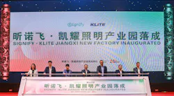 The executive lineup at the joint venture’s opening ceremony included Signify’s Angelica Zhou, who is head of outsourced operations for the consumer group, called the Digital Products division. She is pictured first on the left followed in order by: Tanghua Wei, Deputy Secretary of the Municipal Party Committee and Mayor of Ruichang; Rowena Lee, division leader, Digital Products, Signify; Wending Jiang, Deputy Secretary of the Municipal Party Committee and Mayor of Jiujiang; Eric Rondolat, CEO of Signify; Fenghua Wu, Secretary General of the Municipal Government, Jiujiang City; Yanwei Shen, CEO of Klite. They are holding on to the 51% ownership by Signify in Klite.