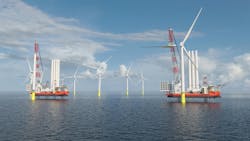 A CGI of what the Cadeler X-class vessels might look like at the Sofia Offshore Wind Farm in Dogger Bank. A CGI of what the Cadeler X-class vessels might look like at the Sofia Offshore Wind Farm in Dogger Bank.