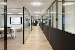 FIG. 1. Recently installed for BTB GES in Paris, France, Sylvania's Equinox - based on QuarkStar's Edge-X optical technology - provides a fill light at the same time as a downlight distribution, all from a single source of LEDs. The design mitigates glare and provides more of an open-sky feel while also creating an aesthetically pleasing halo effect. FIG. 1. Recently installed for BTB GES in Paris, France, Sylvania's Equinox - based on QuarkStar's Edge-X optical technology - provides a fill light at the same time as a downlight distribution, all from a single source of LEDs. The design mitigates glare and provides more of an open-sky feel while also creating an aesthetically pleasing halo effect.