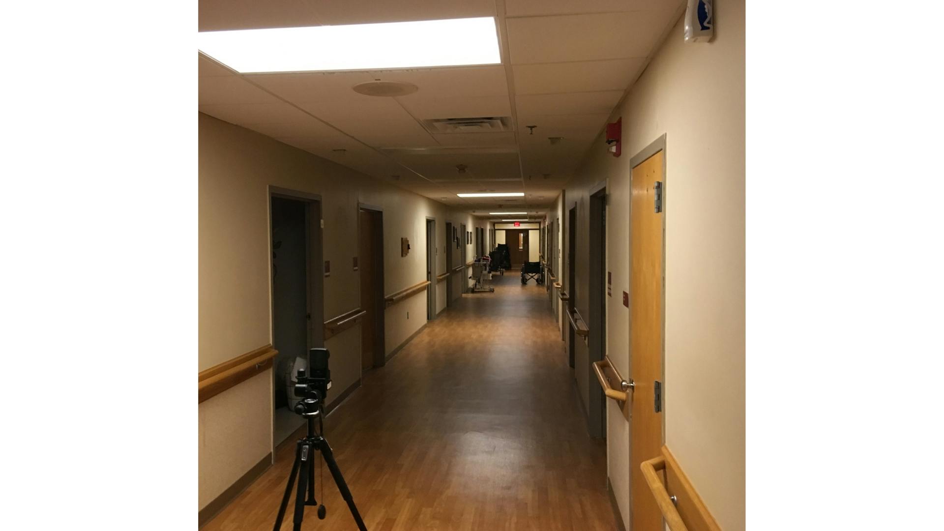 Oak Ridge Care Center night lighting condition with every third luminaire operating in Hall B, demonstrating one of the conditions that was investigated in the tunable lighting test setting to determine various visibility and energy-impact options. Figure 26 used with permission from Lighting in Senior Care Centers: Comparing Tunable LED Systems to Conventional Lighting Systems in Four Senior Care Centers; developed by J.M. Collier, D. Durmus, and R.G. Davis for Pacific Northwest National Laboratory, U.S. Department of Energy (pub. March 2022).