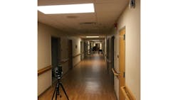 Oak Ridge Care Center night lighting condition with every third luminaire operating in Hall B, demonstrating one of the conditions that was investigated in the tunable lighting test setting to determine various visibility and energy-impact options. Figure 26 used with permission from Lighting in Senior Care Centers: Comparing Tunable LED Systems to Conventional Lighting Systems in Four Senior Care Centers; developed by J.M. Collier, D. Durmus, and R.G. Davis for Pacific Northwest National Laboratory, U.S. Department of Energy (pub. March 2022). Oak Ridge Care Center night lighting condition with every third luminaire operating in Hall B, demonstrating one of the conditions that was investigated in the tunable lighting test setting to determine various visibility and energy-impact options. Figure 26 used with permission from Lighting in Senior Care Centers: Comparing Tunable LED Systems to Conventional Lighting Systems in Four Senior Care Centers; developed by J.M. Collier, D. Durmus, and R.G. Davis for Pacific Northwest National Laboratory, U.S. Department of Energy (pub. March 2022).