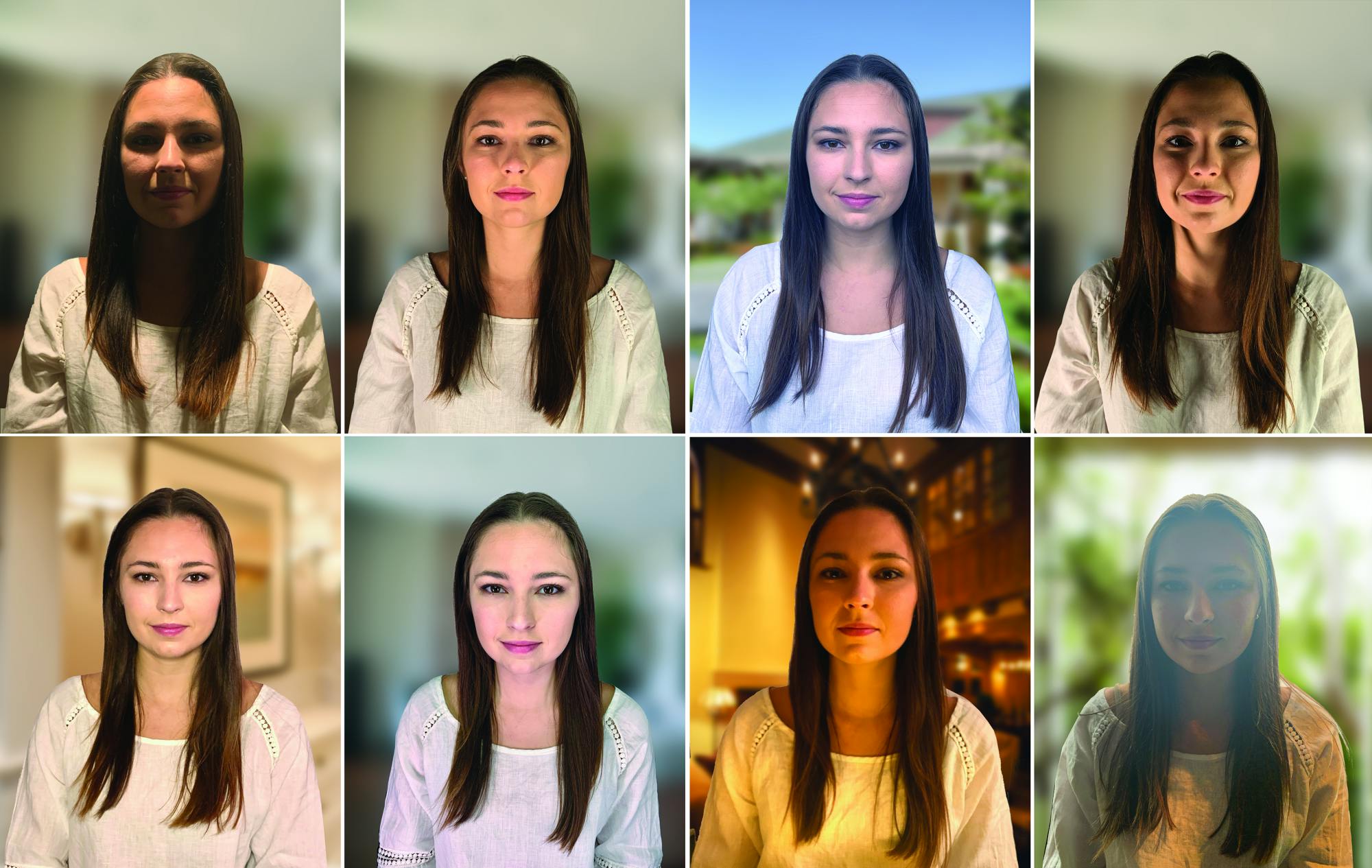 FIG. 1. The same person is lit from different angles to demonstrate the impact of illumination on features. Clockwise from upper left: downlight only; 45&deg; side light; even daylight; harsh side light; cross-illumination (vanity); even ambient; candlelight; backlit by window.