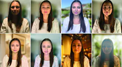 FIG. 1. The same person is lit from different angles to demonstrate the impact of illumination on features. Clockwise from upper left: downlight only; 45° side light; even daylight; harsh side light; cross-illumination (vanity); even ambient; candlelight; backlit by window.