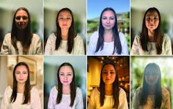 FIG. 1. The same person is lit from different angles to demonstrate the impact of illumination on features. Clockwise from upper left: downlight only; 45° side light; even daylight; harsh side light; cross-illumination (vanity); even ambient; candlelight; backlit by window. FIG. 1. The same person is lit from different angles to demonstrate the impact of illumination on features. Clockwise from upper left: downlight only; 45° side light; even daylight; harsh side light; cross-illumination (vanity); even ambient; candlelight; backlit by window.