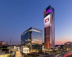 TK Elevator's new North American headquarters features a multistory LED mesh display. TK Elevator's new North American headquarters features a multistory LED mesh display.