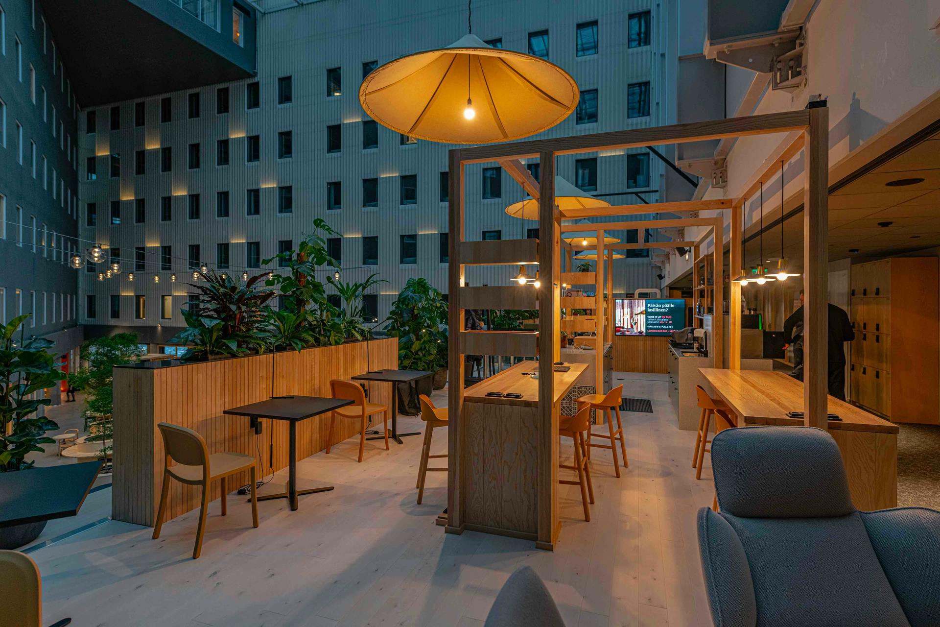 The LED lights create atmosphere in Valo&rsquo;s courtyard. They also keep an eye on you if you opt in. (Photo credit: Image courtesy of Mount Kelvin.)