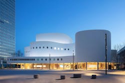 The so-called organic curves of the Schauspielhaus theater provided a unique palette for a new LED lighting treatment. (Photo credits: All photos © ERCO GmbH, www.erco.com, photography by Thomas Mayer, ingenhoven architects/HGEsch.) The so-called organic curves of the Schauspielhaus theater provided a unique palette for a new LED lighting treatment. (Photo credits: All photos © ERCO GmbH, www.erco.com, photography by Thomas Mayer, ingenhoven architects/HGEsch.)