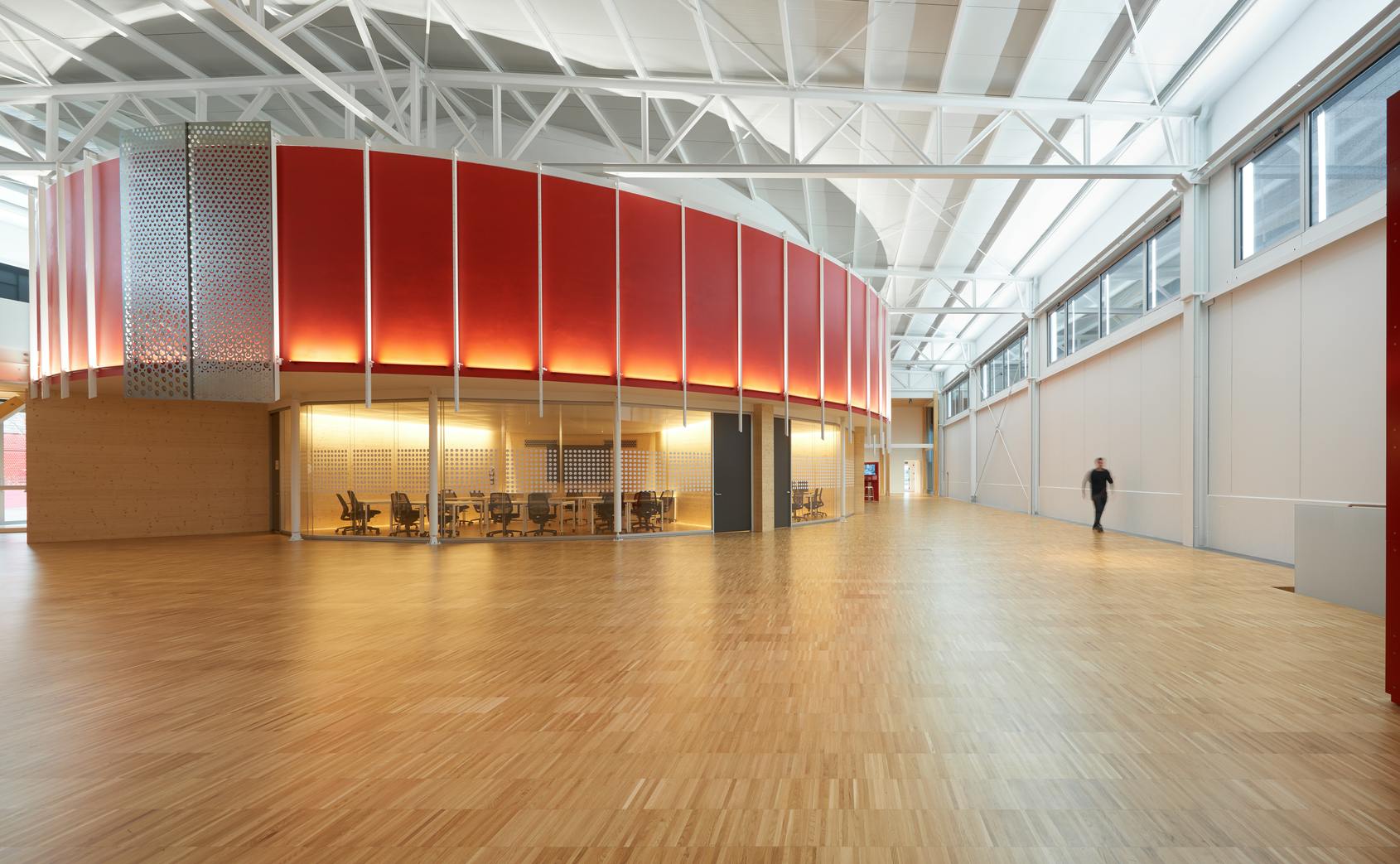 Zumtobel provided a mix of direct and indirect LED lighting at Salvagnini headquarters, such as here in the Academy building. (Photo credit: Image by J&uuml;rgen Eheim, courtesy of Zumtobel.)