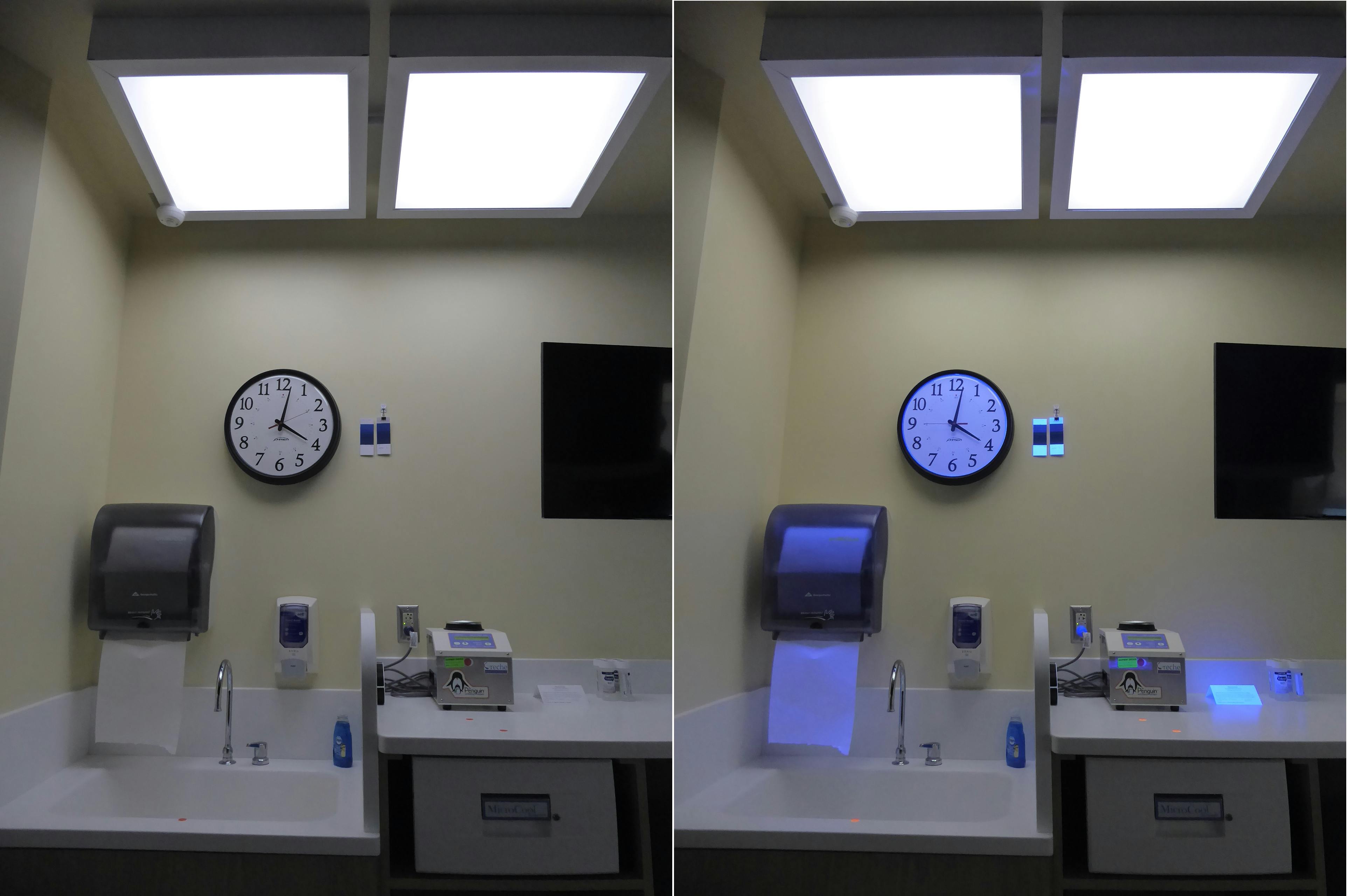 The UV-A-band 365DisInFx technology shown with the UV LEDs off (left) and on (right) can be safely used in a space where people are present and the system does still deliver functional lighting. (Photo credit: Images courtesy of Leviton.)