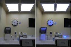 The UV-A-band 365DisInFx technology shown with the UV LEDs off (left) and on (right) can be safely used in a space where people are present and the system does still deliver functional lighting. (Photo credit: Images courtesy of Leviton.) The UV-A-band 365DisInFx technology shown with the UV LEDs off (left) and on (right) can be safely used in a space where people are present and the system does still deliver functional lighting. (Photo credit: Images courtesy of Leviton.)