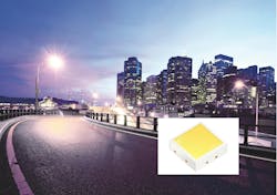 Osram Opto Semiconductors’ latest packaged LED, the Osconiq C 2424, is labeled a chip-scale package and can be scaled in dense arrays for uniform beam patterns in outdoor lighting applications, yet it leverages flip-chip manufacturing techniques for a mid-power package technology that houses a high-power chip. (Photo credit: Image courtesy of Osram.) Osram Opto Semiconductors’ latest packaged LED, the Osconiq C 2424, is labeled a chip-scale package and can be scaled in dense arrays for uniform beam patterns in outdoor lighting applications, yet it leverages flip-chip manufacturing techniques for a mid-power package technology that houses a high-power chip. (Photo credit: Image courtesy of Osram.)