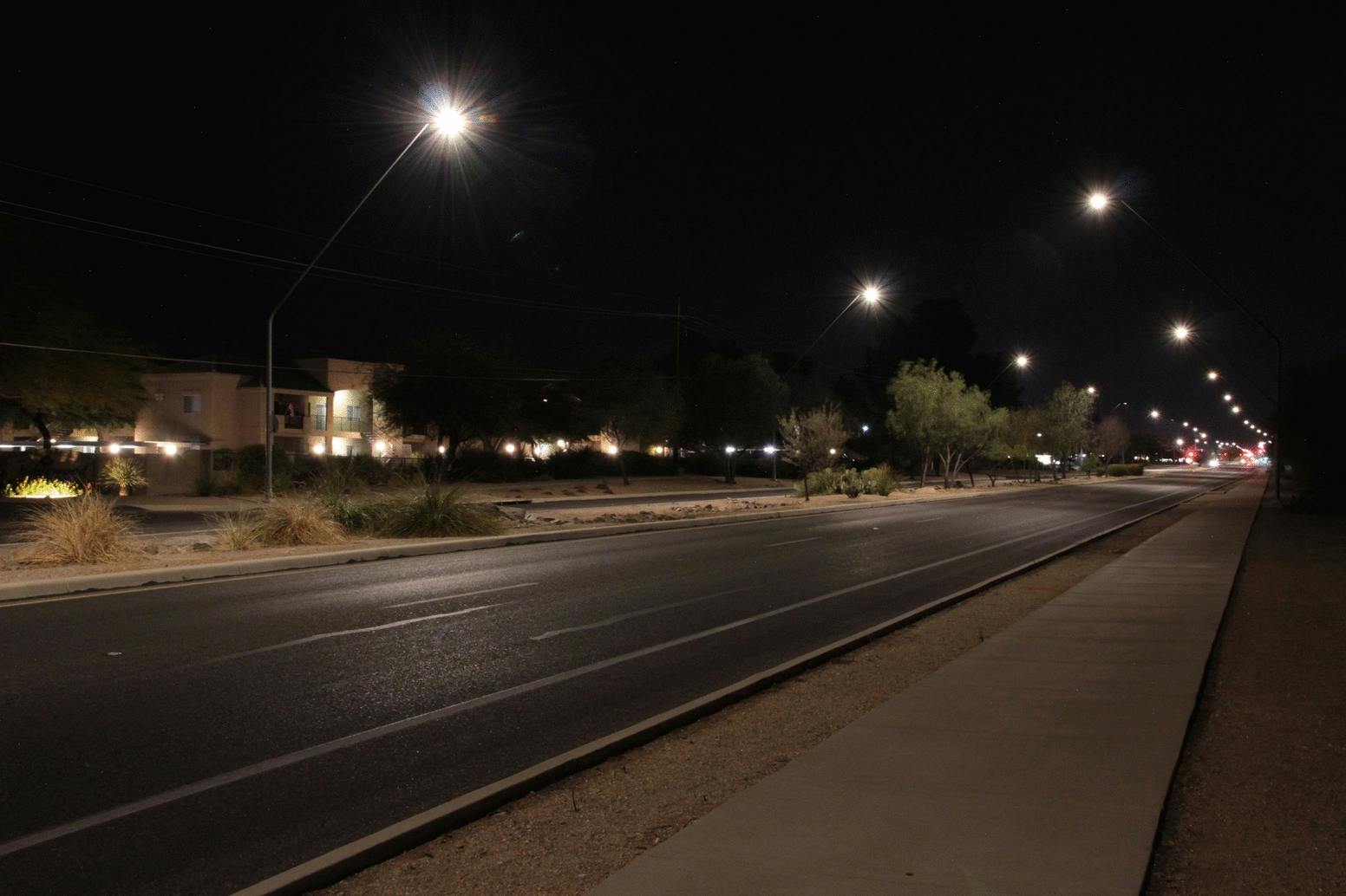 Smart-city technology in Tucson, AZ allows dimming of LED street lights to 30% of maximum (shown). The city&rsquo;s light levels and sky glow impact from street lights were referenced in a recent study by scientists representing Germany, the United States, and Ireland. (Photo credit: Image by John Barentine, researcher on the project, via GFZ German Research Centre for Geosciences; http://bit.ly/3f9CGfB.)