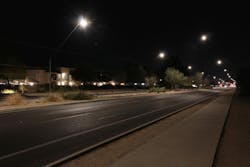 Smart-city technology in Tucson, AZ allows dimming of LED street lights to 30% of maximum (shown). The city’s light levels and sky glow impact from street lights were referenced in a recent study by scientists representing Germany, the United States, and Ireland. (Photo credit: Image by John Barentine, researcher on the project, via GFZ German Research Centre for Geosciences; http://bit.ly/3f9CGfB.) Smart-city technology in Tucson, AZ allows dimming of LED street lights to 30% of maximum (shown). The city’s light levels and sky glow impact from street lights were referenced in a recent study by scientists representing Germany, the United States, and Ireland. (Photo credit: Image by John Barentine, researcher on the project, via GFZ German Research Centre for Geosciences; http://bit.ly/3f9CGfB.)