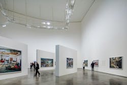 A single LED luminaire style provides projector, spotlight, and wall-wash effects in the Guggenheim Museum Bilbao, where Zumtobel considered and handled challenges such as tight beam distributions, high ceilings, and art preservation with its custom SSL fixture. (Photo credit: Image by Faruk Pinjo, courtesy of Zumtobel.) A single LED luminaire style provides projector, spotlight, and wall-wash effects in the Guggenheim Museum Bilbao, where Zumtobel considered and handled challenges such as tight beam distributions, high ceilings, and art preservation with its custom SSL fixture. (Photo credit: Image by Faruk Pinjo, courtesy of Zumtobel.)