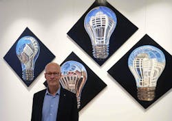 Good Light Group chairman Jan Denneman is a man on a nutritional light mission. He lives, breathes and even paints light, such as his reflecting bulb artwork hanging at Signify headquarters in Eindhoven. (Photo credit: Image courtesy of Jan Denneman.) Good Light Group chairman Jan Denneman is a man on a nutritional light mission. He lives, breathes and even paints light, such as his reflecting bulb artwork hanging at Signify headquarters in Eindhoven. (Photo credit: Image courtesy of Jan Denneman.)