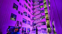 In the millennial-targeted Moxy hotel in San Diego’s Gaslamp Quarter, guestrooms surround a courtyard-like space where an LED-based architainment feature rises from the hotel lobby below through a glass ceiling, delivering dynamic shows conceived to evoke images such as a stream or waterfall. The dynamic RGB-LED-based system was created by Moment Factory and crafted by Digital Ambiance to be a “hero centerpiece fixture” to be enjoyed by guests. (Photo credit: J Street Hospitality.)
