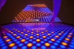 The 3D solid-state lighting (SSL) implementation is combined with an interactive control pedestal at ground level that allows the public to control the lighting. The 3D solid-state lighting (SSL) implementation is combined with an interactive control pedestal at ground level that allows the public to control the lighting.