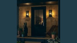 A couple of wirelessly-controllable decorative GE LED lamps warm the exterior of this home setting. (Photo credit: Image courtesy of GE Lighting/Dan Turk/Max Borges Agency.) A couple of wirelessly-controllable decorative GE LED lamps warm the exterior of this home setting. (Photo credit: Image courtesy of GE Lighting/Dan Turk/Max Borges Agency.)