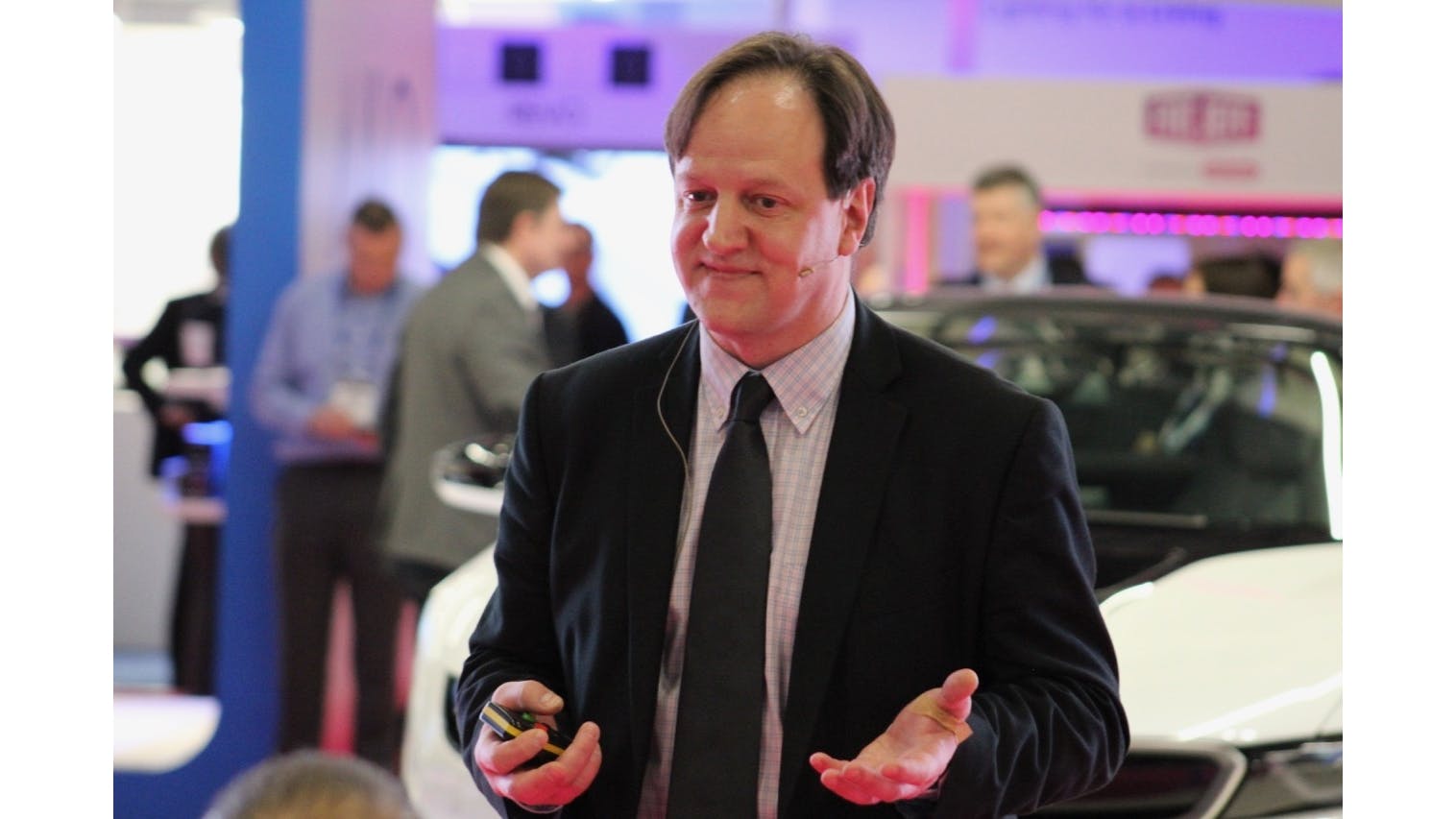 Harald Haas has been extolling the virtues of Li-Fi for over a decade as co-founder of pureLiFi, in its early days called pureVLC. Here he is presenting at the LuxLive exhibition in London in November 2016. (Photo credit: Image courtesy of Mark Halper.)