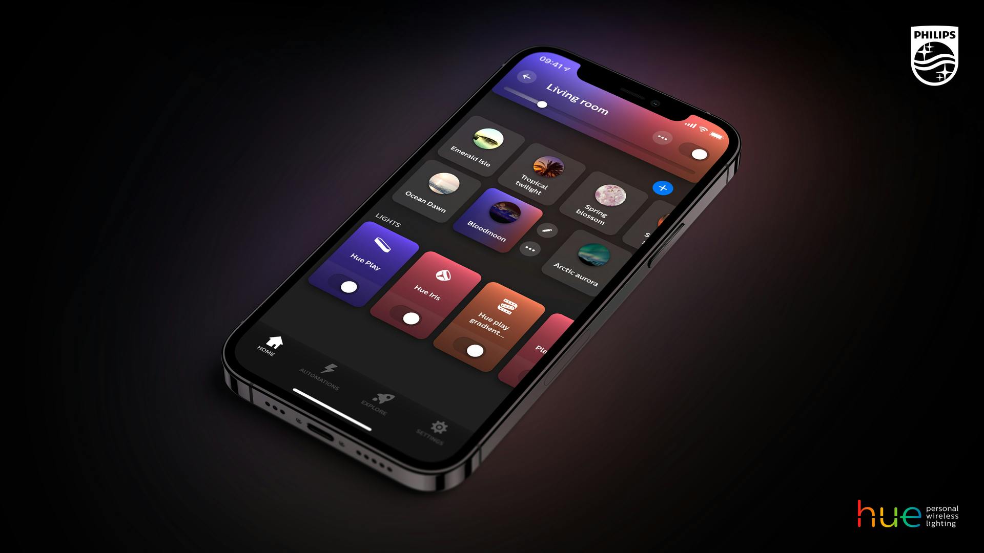 The new Hue app's &ldquo;Tile View&rdquo; lets users set scenes with all the smart lamps in a room without bouncing between screens. (Photo credit: Image courtesy of Signify.)