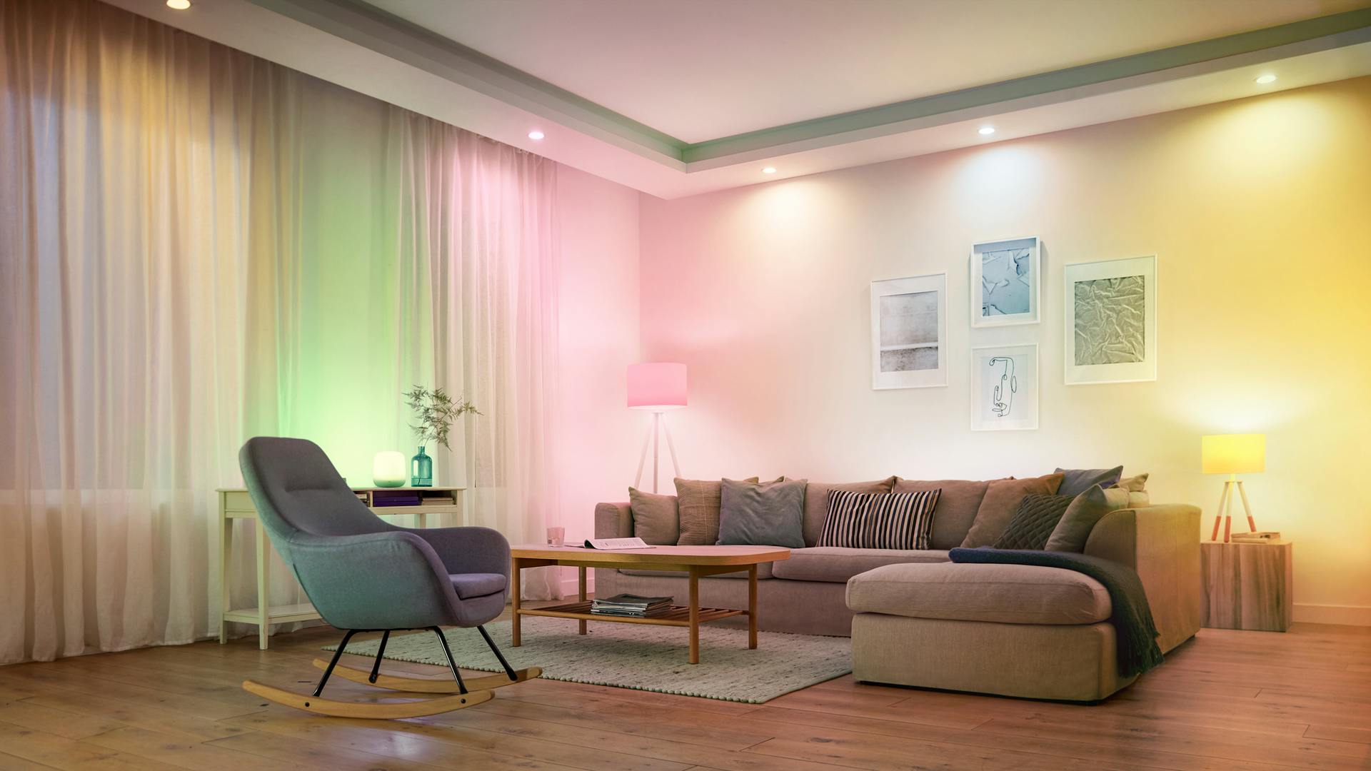 This WiZ smart living room will soon get even smarter when it gains the intelligence to better communicate with door locks, windows, TVs, and other Internet-connected things. (Photo credit: Image courtesy of Signify.)