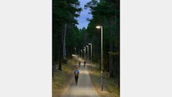 Fagerhult’s Evolume luminaires brighten and dim on a jogging and cycling track in Gavle, Sweden, enabled by integrated Seneco motion detectors and controllers. (Photo credit: Image courtesy of Fagerhult.) Fagerhult’s Evolume luminaires brighten and dim on a jogging and cycling track in Gavle, Sweden, enabled by integrated Seneco motion detectors and controllers. (Photo credit: Image courtesy of Fagerhult.)