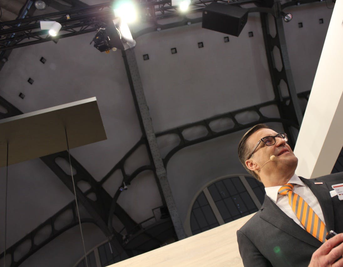 Outgoing Osram CEO Olaf Berlien launched a string of digital lighting initiatives in his six years at the helm, such as here in 2016 when he introduced an indoor positioning system called Einstone at the Light+Building exhibition in Frankfurt. (Photo credit: Image courtesy of Mark Halper.)